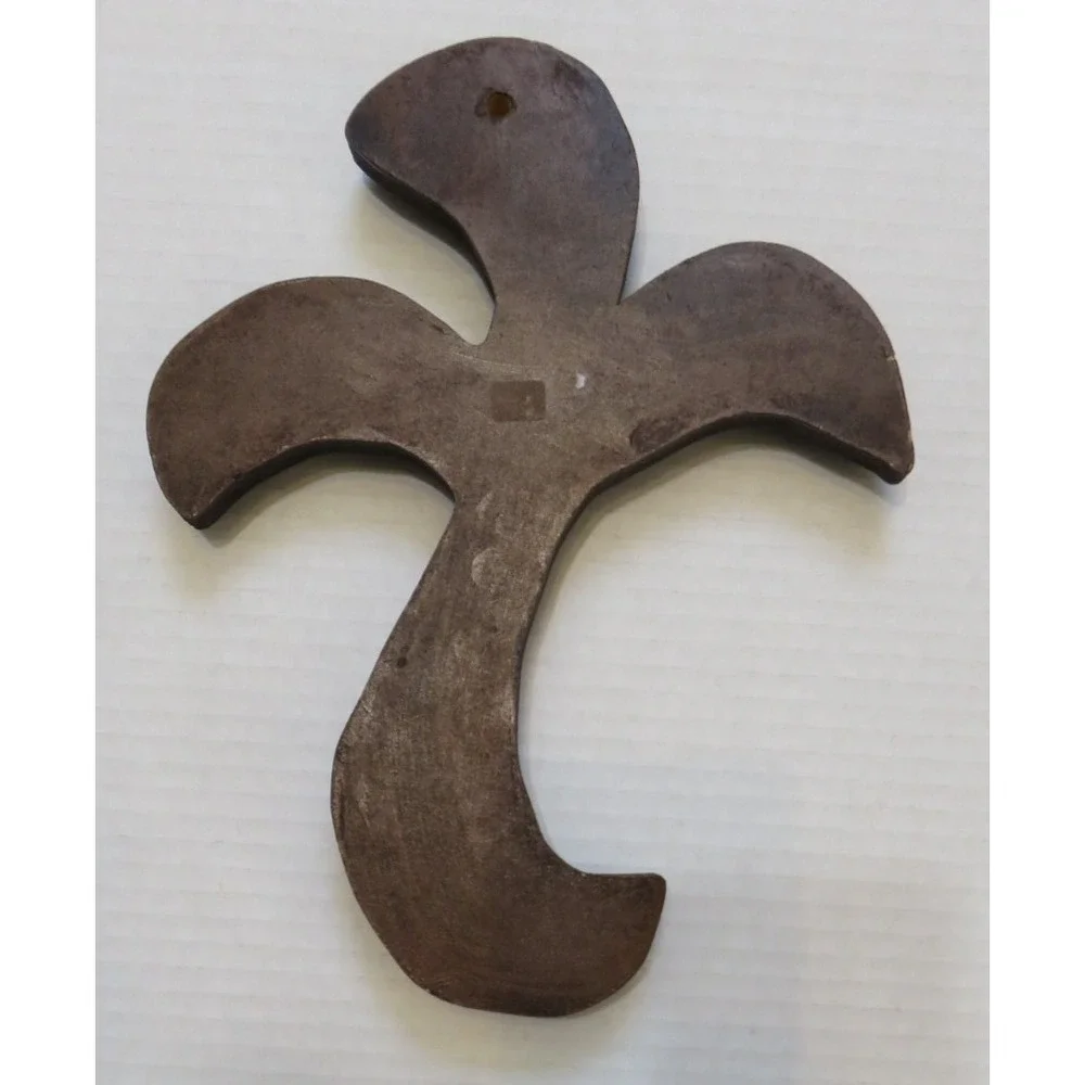 Mexican Folk Art Wall Hanging‎ Milagros Brown Wood Cross Gold Prayer Charms 9.5